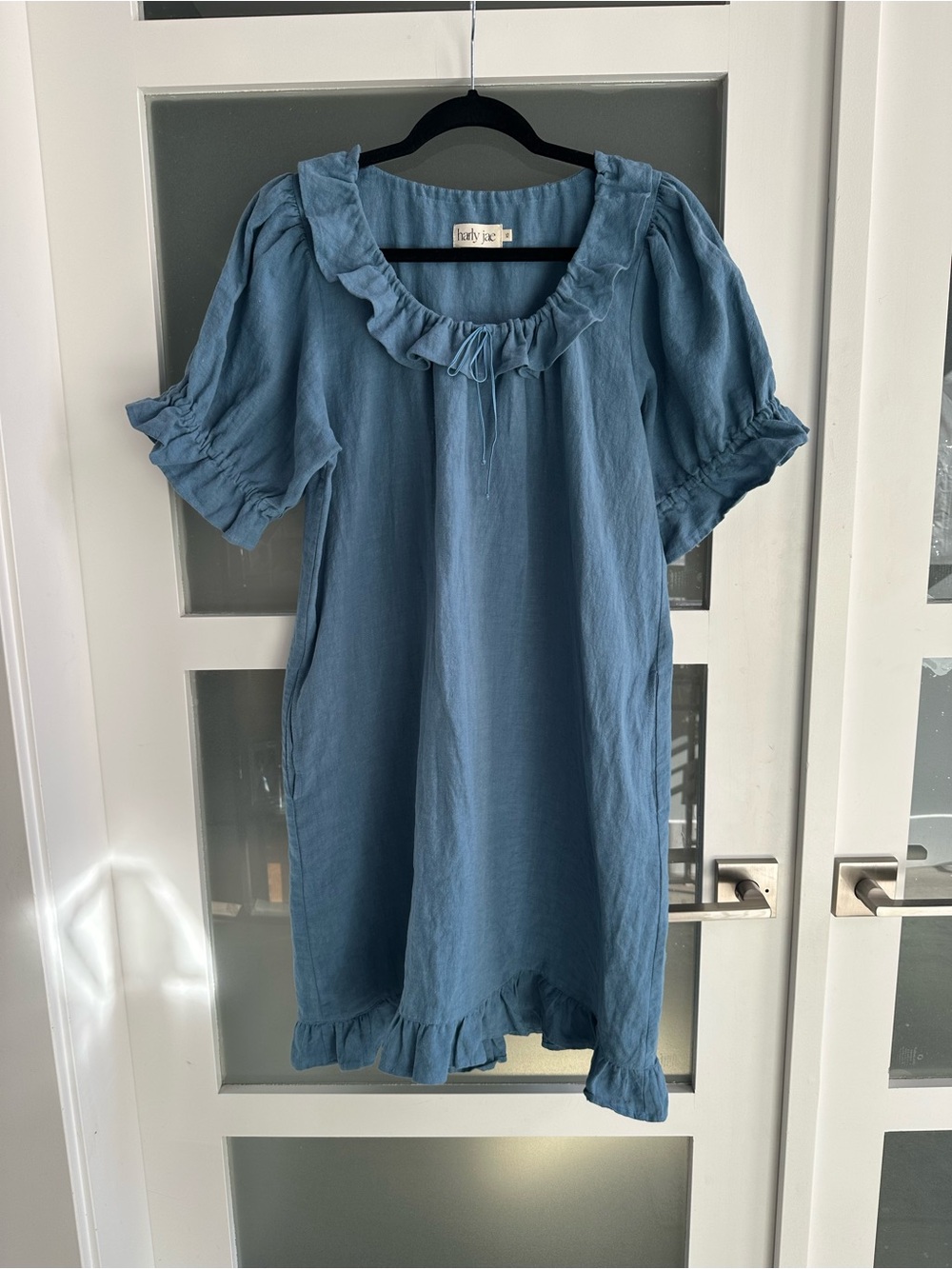 Harley Jae Ruffle-Trim Mini Dress in Dusty Blue linen XS